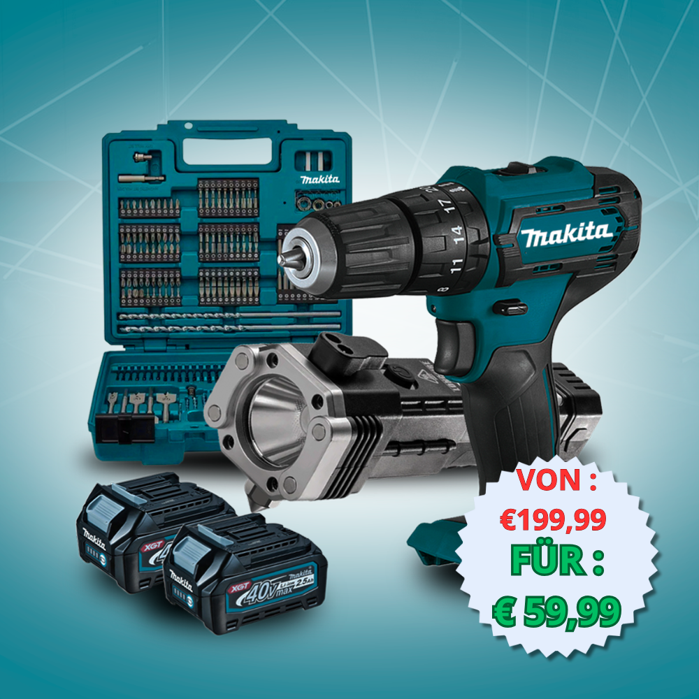 Makita Cordless Drill Driver + 2x Batteries 40V + 45 Accessories